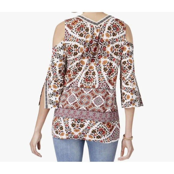Style & Co Cold Shoulder Embroidered Trim Cotton Boho Chic Top Multicolor Size L - Picture 14 of 15